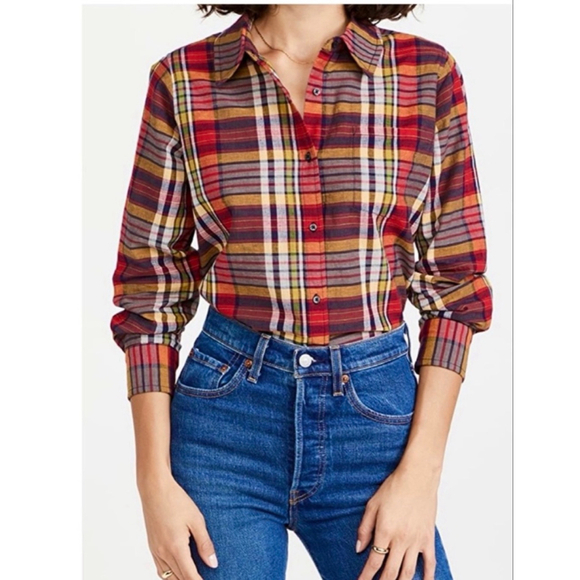 THE GREAT. Tops - The Great The Cottage Plaid Button Down Shirt Size 2 Boxy Cropped Cotton Linen